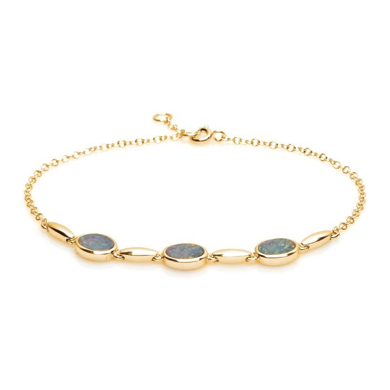 Pulsera con doblete ovalado de ópalo azul, en plata dorado 925, longitud 18+1 cm