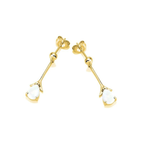 Brincos pendentes com opala branca oval, em prata dourado 925