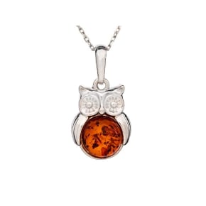 Pendentif hibou avec ambre cognac naturel rond, en argent rhodié 925