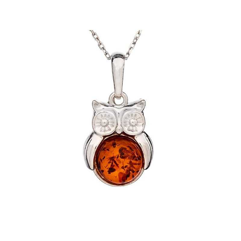 Uilenhanger met ronde natuurlijke cognac-amber, in gerhodineerd zilver 925