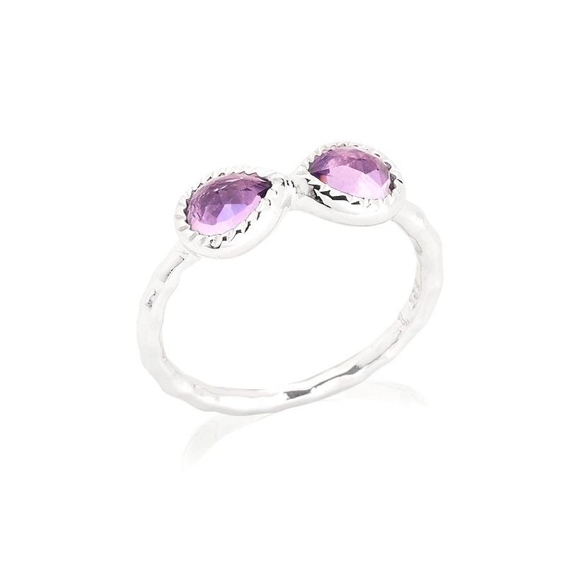 Drop ring with natural purple amethyst, in 925 rhodium silver
