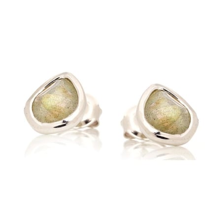 Orecchini a bottone con labradorite naturale multicolore, in argento 925 rodiato