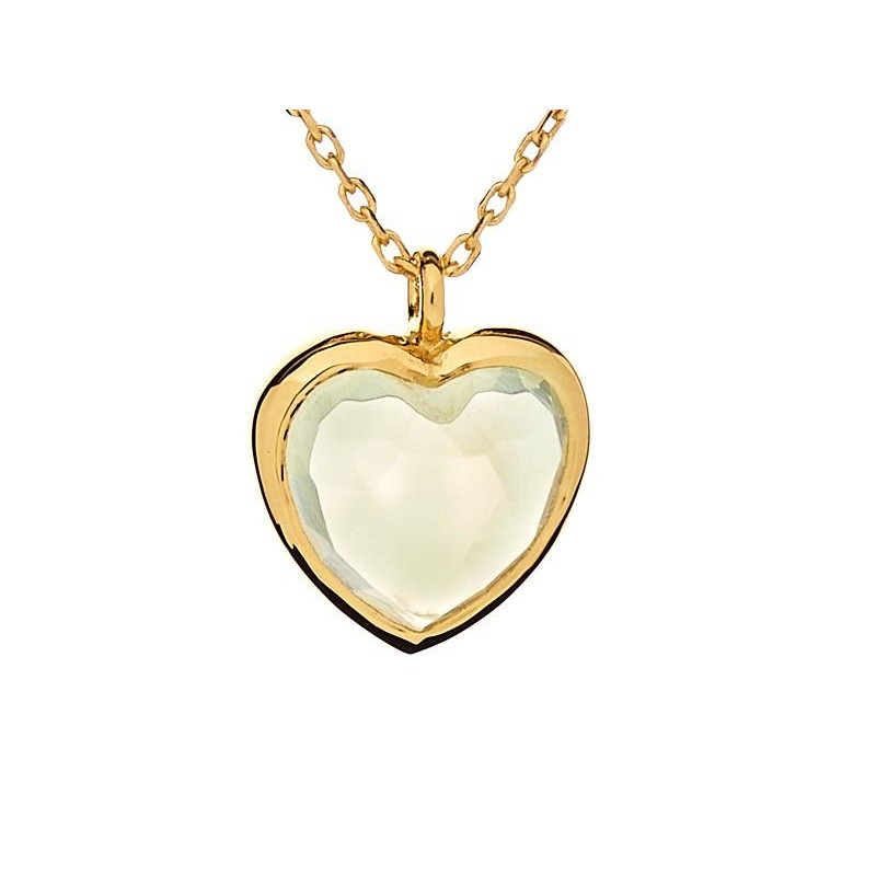 Colier inimă cu prehnită verde naturală, argint aurit 925, 40 + 3 cm