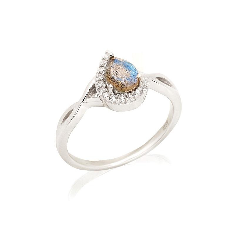 Drop ring with labradorite and zirconium oxide, in rhodium-plated silver 925
