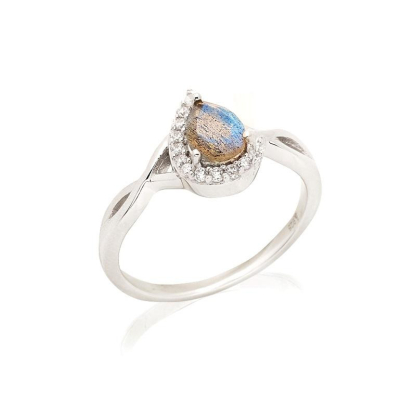 Drop ring with labradorite and zirconium oxide, in rhodium-plated silver 925