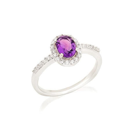 Bague ovale avec améthyste et oxyde de zirconium, en argent rhodié 925