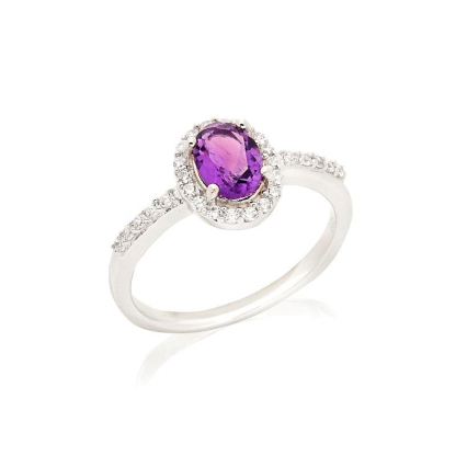 Anello ovale con ametista e ossido di zirconio, in argento 925 rodiato