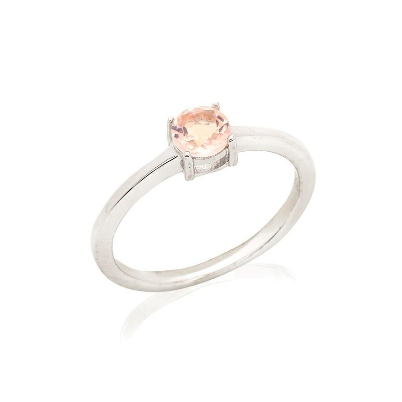 Round ring with round natural rose quartz, in 925 rhodium silver