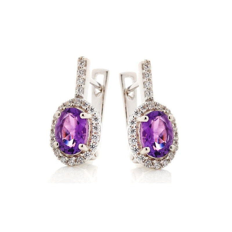 Pendientes colgantes con amatista y óxido de circonio, plata rodiada