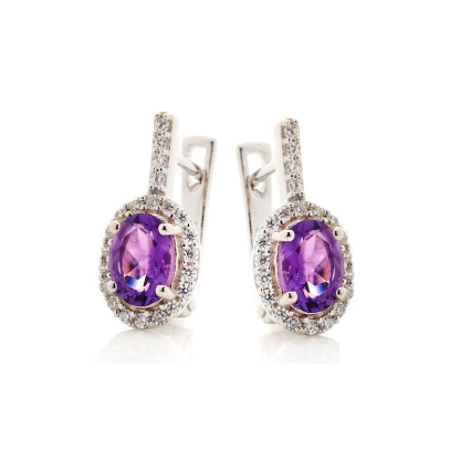Pendientes colgantes con amatista y óxido de circonio, plata rodiada