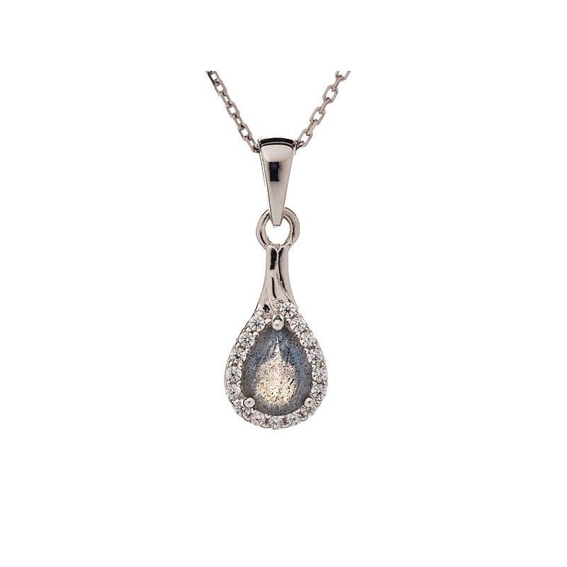 Drop pendant with labradorite and zirconium oxide, in rhodium-plated silver 925