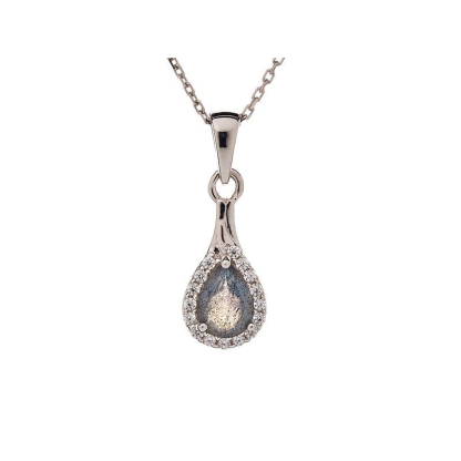 Drop pendant with labradorite and zirconium oxide, in rhodium-plated silver 925
