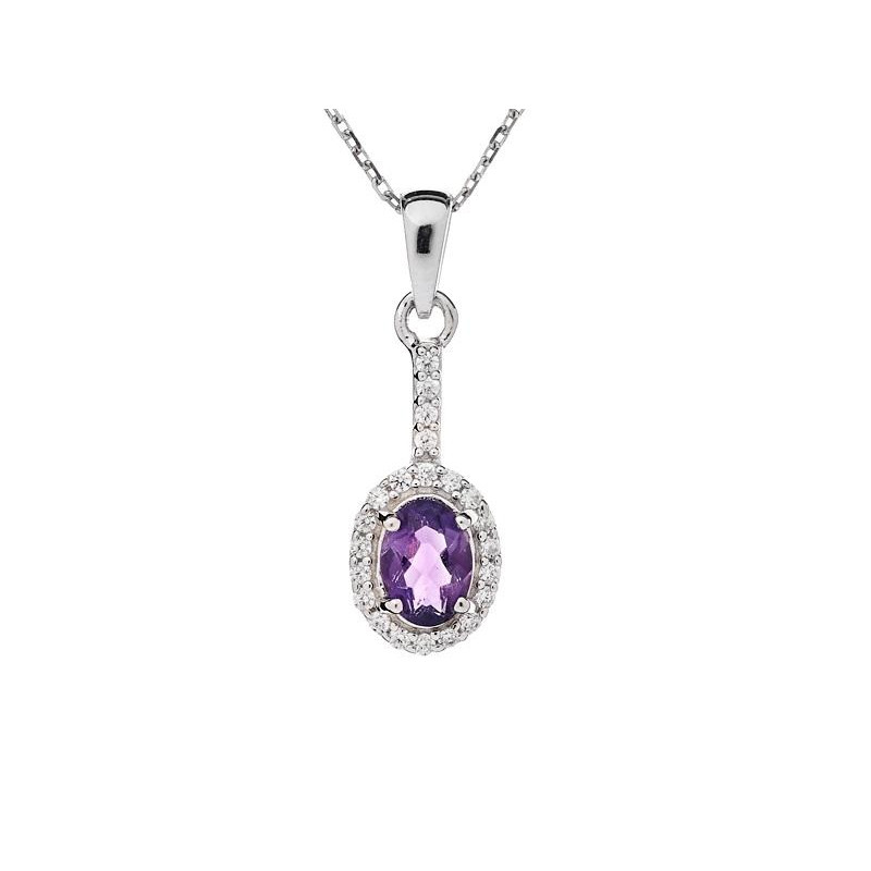 Oval pendant with amethyst and zirconium oxide, in rhodium-plated silver 925