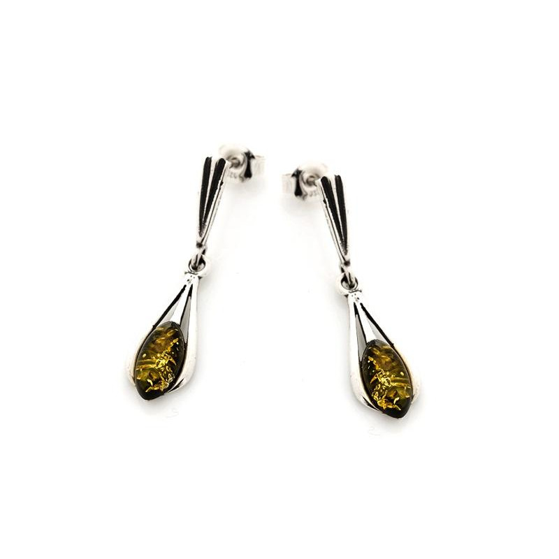 Boucles d'oreilles pendantes avec ambre vert naturel ovale, argent vieilli 925