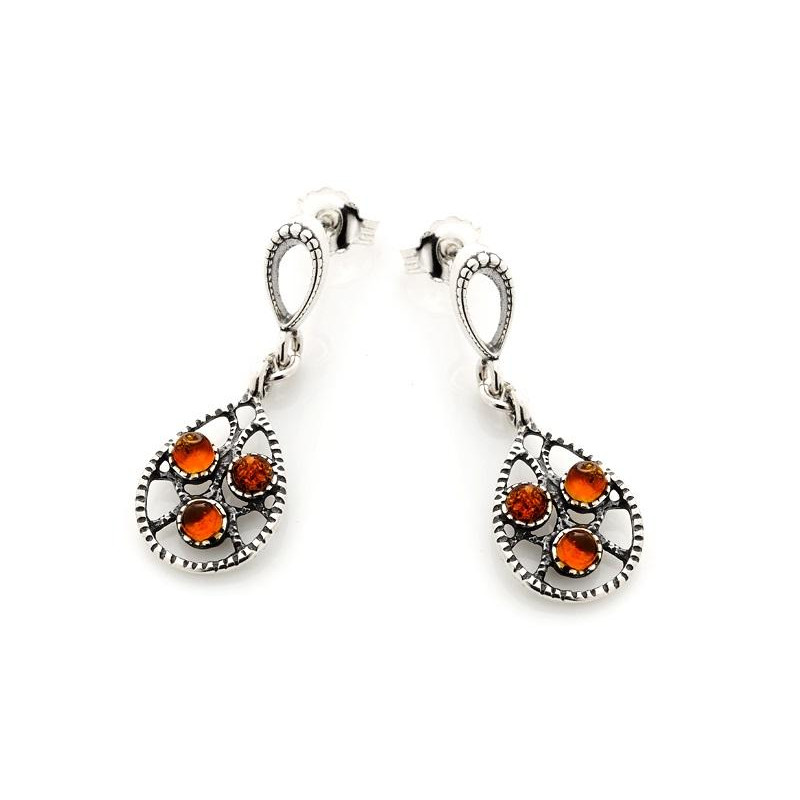 Dangle earrings with round natural cognac amber, 925 antique silver