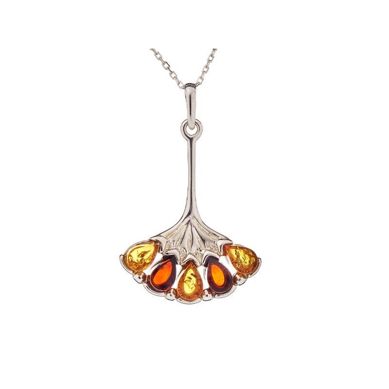 Fan pendant with natural multi-colored amber drop, in 925 rhodium silver