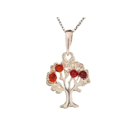 Pendentif pommier avec ambre cognac naturel rond, en argent rhodié 925