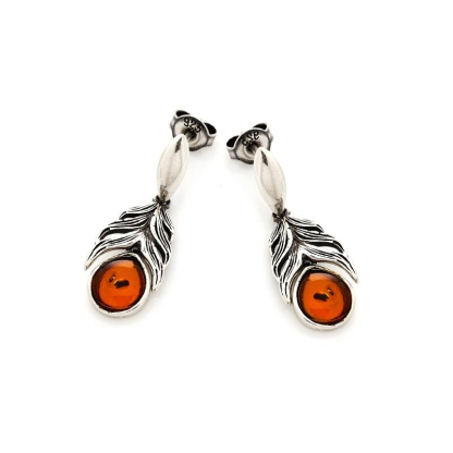 Pendientes colgantes con gota de ámbar coñac natural, plata envejecida