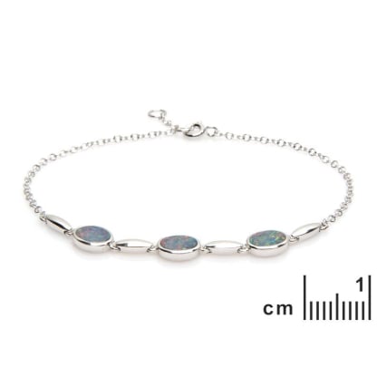 Pulseira com gibão oval opala azul, em prata 925 banhada a ródio, comprimento 18+1 cm