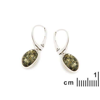Boucles d'oreilles pendantes avec ambre vert ovale, en argent rhodié 925