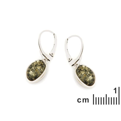Orecchini pendenti con ambra verde ovale, in argento 925 rodiato
