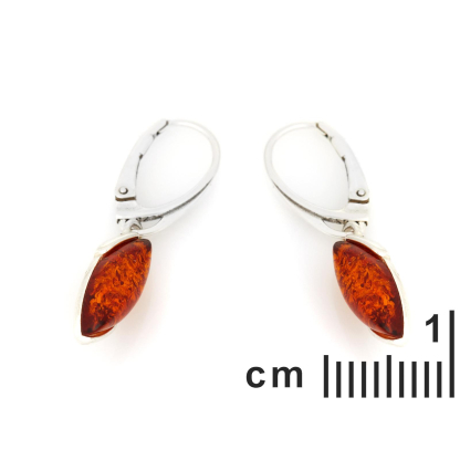 Boucles d'oreilles pendantes avec ambre cognac navette, en argent rhodié 925