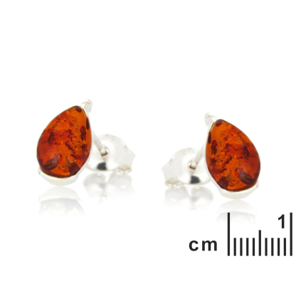 Orecchini a bottone con goccia di ambra cognac del Mar Baltico, argento 925 rodiato