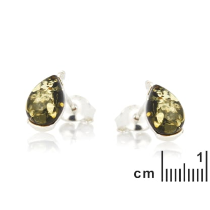 Stud earrings with Baltic Sea green amber drop, rhodium-plated silver 925