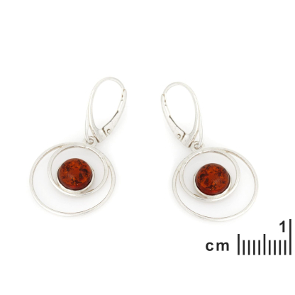 Circles dangle earrings with cognac amber, in 925 rhodium silver