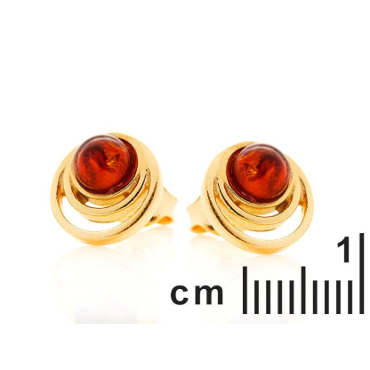 Pendientes con ámbar coñac natural del Mar Báltico redondos, plata dorado
