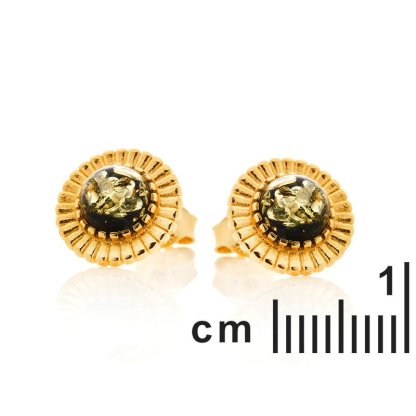 Pendientes de sol con ámbar verde natural redondo, en plata dorado 925