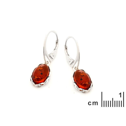 Oval doğal konyak kehribarlı, rodyum kaplama gümüş 925 sallantılı küpe
