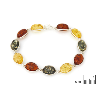Pulsera con ámbar redondo multicolor, en plata 925 rodiada, longitud 19 cm
