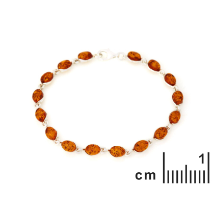 Pulseira oval em âmbar conhaque natural, em prata 925 banhada a ródio, comprimento 19 cm