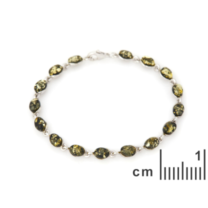 Bracciale con ambra verde naturale ovale, in argento 925 rodiato, lunghezza 19 cm