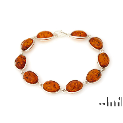 Pulseira oval em âmbar conhaque natural, em prata 925 banhada a ródio, comprimento 18 cm