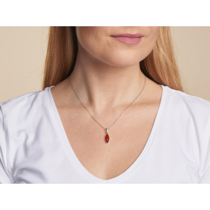 Pendant with cognac amber navette, in rhodium-plated silver 925, height 1.6+0.8 cm