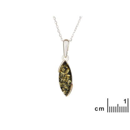 Pendentif avec ambre vert navette, en argent rhodié 925, hauteur 1,6+0,8 cm