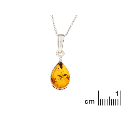 Pendentif avec ambre cognac goutte, en argent rhodié 925, hauteur 1+08 cm