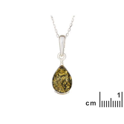 Ciondolo con goccia di ambra verde, in argento 925 rodiato, altezza 1+0,8 cm
