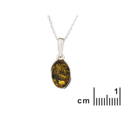 Pingente oval em âmbar verde, em prata 925 banhada a ródio, altura 1,2+0,8 cm