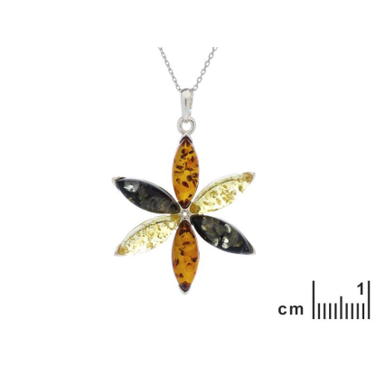 Ciondolo fiore con ambra multicolore, in argento 925 rodiato, altezza 3,5+0,9 cm