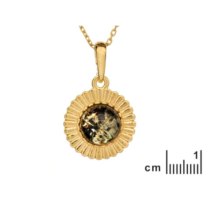Pendentif soleil avec ambre vert naturel rond, en argent doré 925