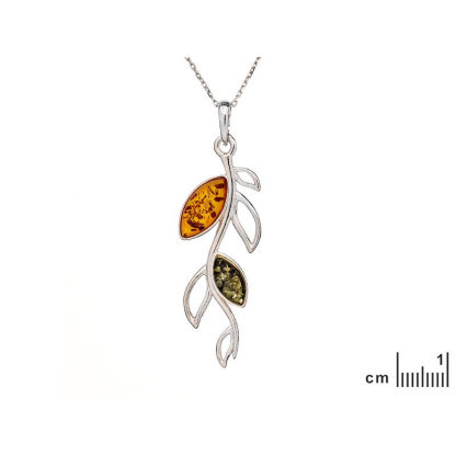 Ciondolo ramo con ambra naturale multicolore ovale, in argento 925 rodiato