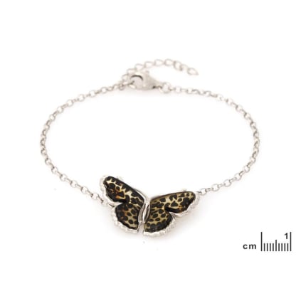 Bracciale farfalla con ambra multicolore, in argento 925 rodiato, lunghezza 16+3 cm