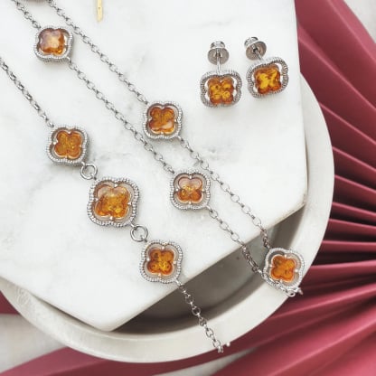 925 rodyum kaplama gümüş, konyak kehribarlı kolye, uzunluk 47 + 3 cm