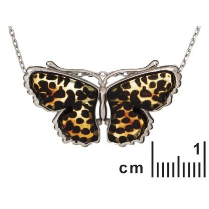 Ciondolo farfalla con ambra multicolore, in argento 925 rodiato, altezza 3 cm
