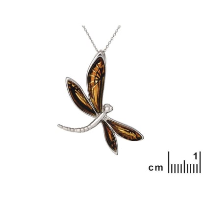 Pingente libélula com âmbar multicolorido, em prata 925 banhada a ródio, altura 4,5 cm
