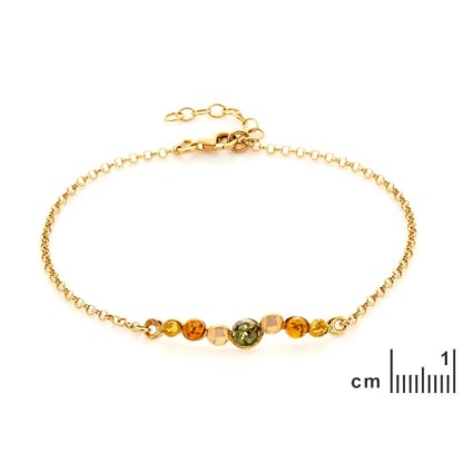 Bracelet avec ambre multicolore rond, en argent doré 925, longueur 18+3 cm