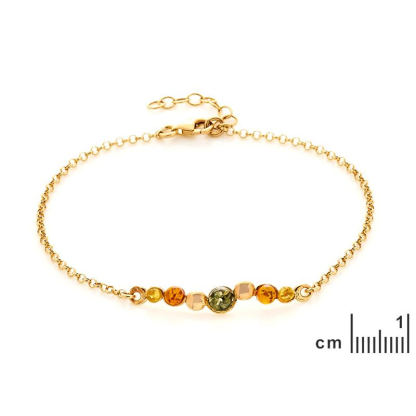 Pulsera con ámbar redondo multicolor, en plata dorado 925, longitud 18+3 cm